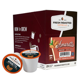 Fresh Roasted Coffee Amaretto pods in a pack invite flavorful mornings.