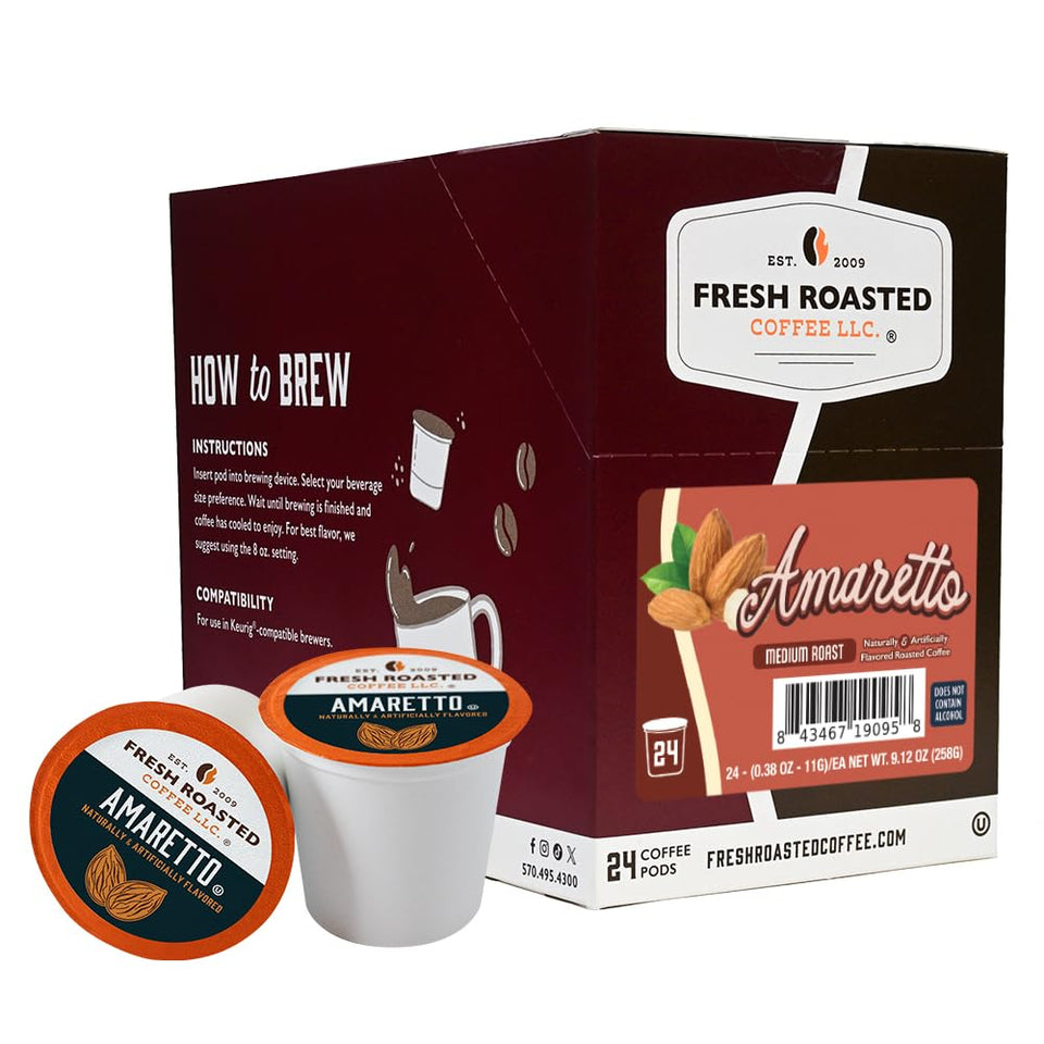Fresh Roasted Coffee Amaretto pods in a pack invite flavorful mornings.