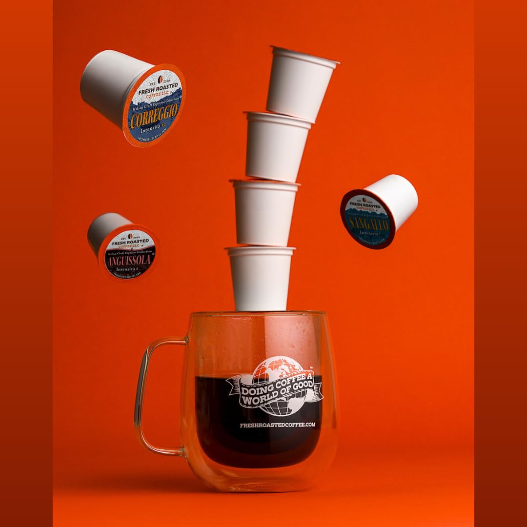 Fresh Roasted Coffee Anguissola blend pod, spicy-sweet espresso for mocha pairing.