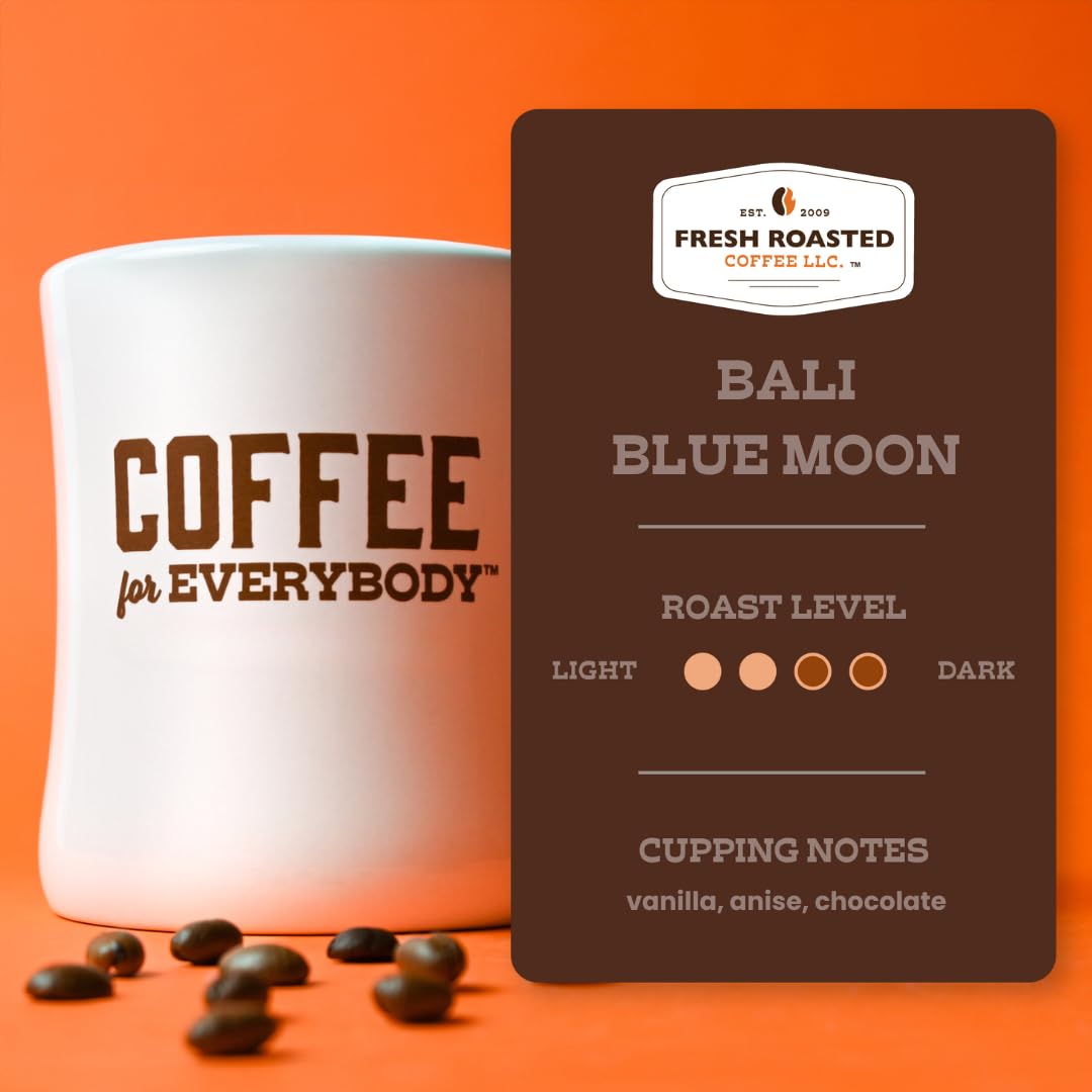 Fresh Roasted Bali Blue Moon flat lay showcases premium whole beans