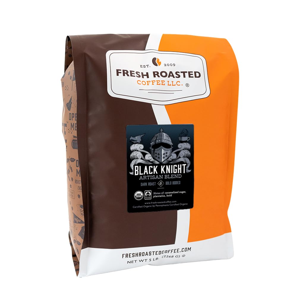 Fresh Roasted Coffee Black Knight 5lb bag, ideal for home brewing.