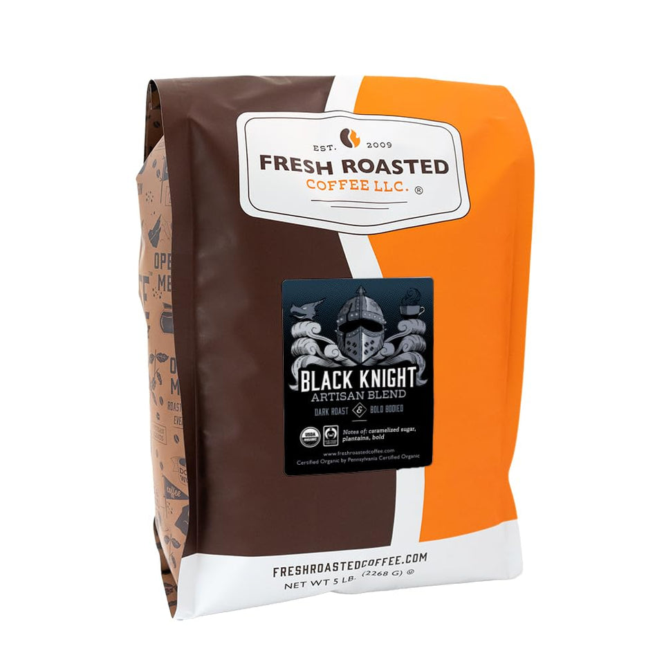 Fresh Roasted Coffee Black Knight 5lb bag, ideal for home brewing.
