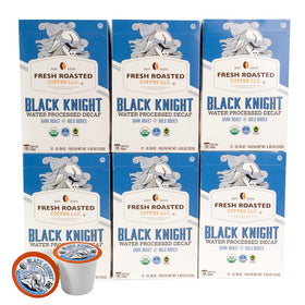 Fresh Roasted Coffee Black Knight Decaf packaging highlights organic and sustainable credentials