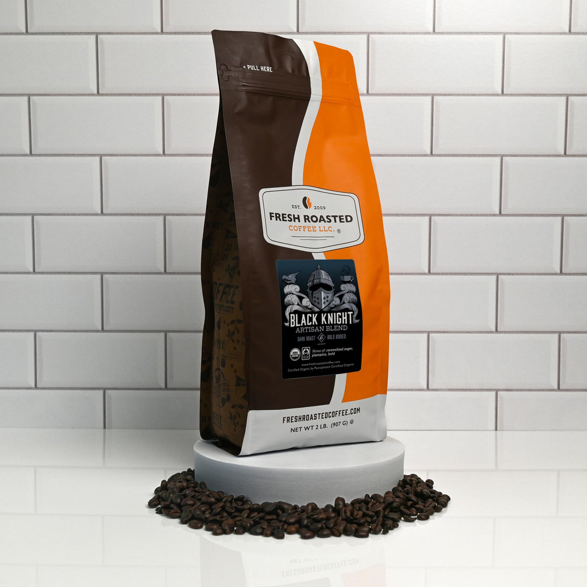Fresh Roasted Coffee Black Knight label with USDA Organic and OU Kosher.