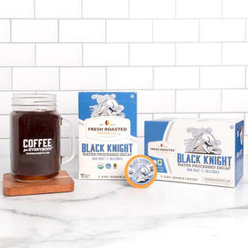 Fresh Roasted Coffee Black Knight packaging showcases USDA Organic and Fair Trade certifications.