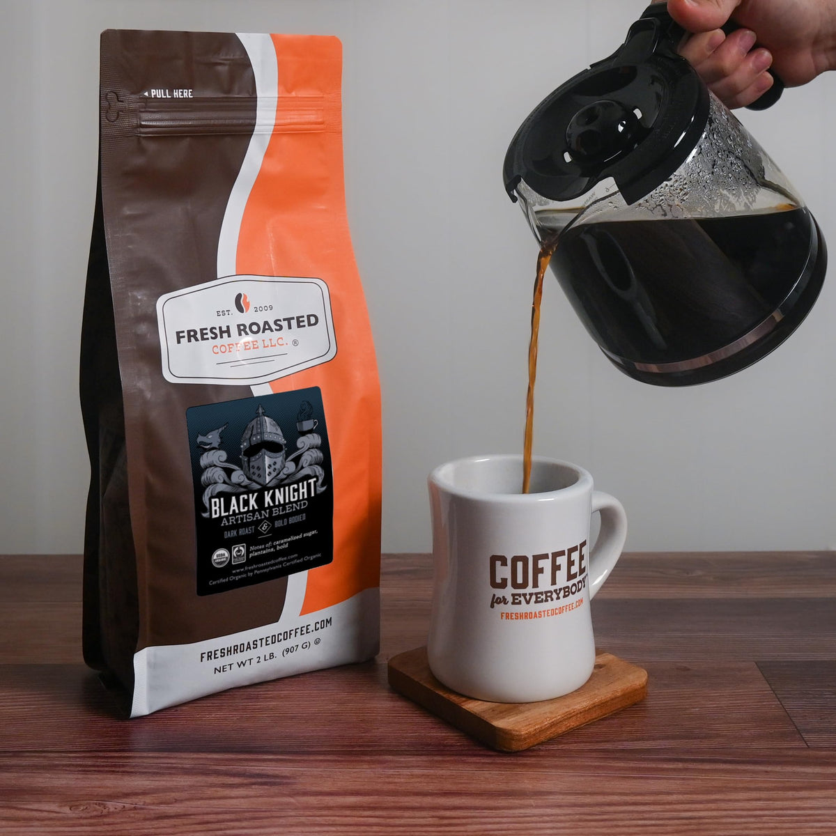 Fresh Roasted Coffee Black Knight pour-over setup for tasting notes.