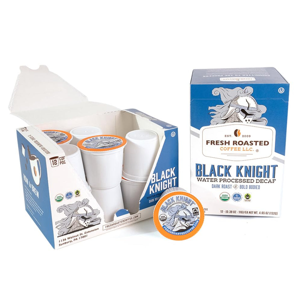 Fresh Roasted Coffee Black Knight water-decaf pod delivers smooth flavor with caffeine-free, convenient daily use.
