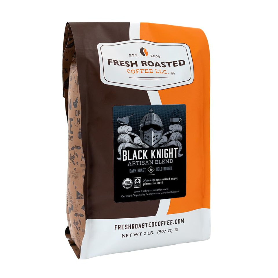 Fresh Roasted Coffee Black Knight whole bean bag ready for bold brews.
