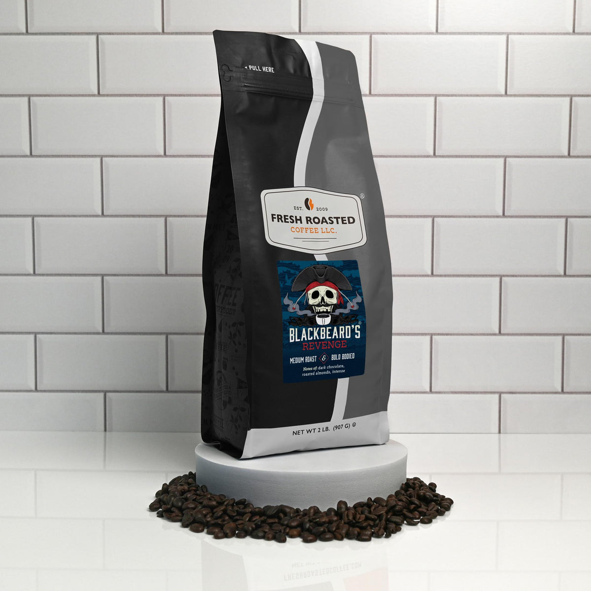 Label on Fresh Roasted Coffee Blackbeard's Revenge bag emphasizes sustainable USA roasting.