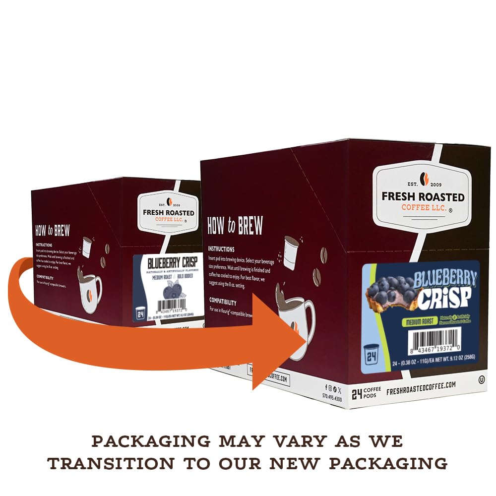 Fresh Roasted Coffee Blueberry Crisp pod in cup—aromatic brew for a satisfying moment.