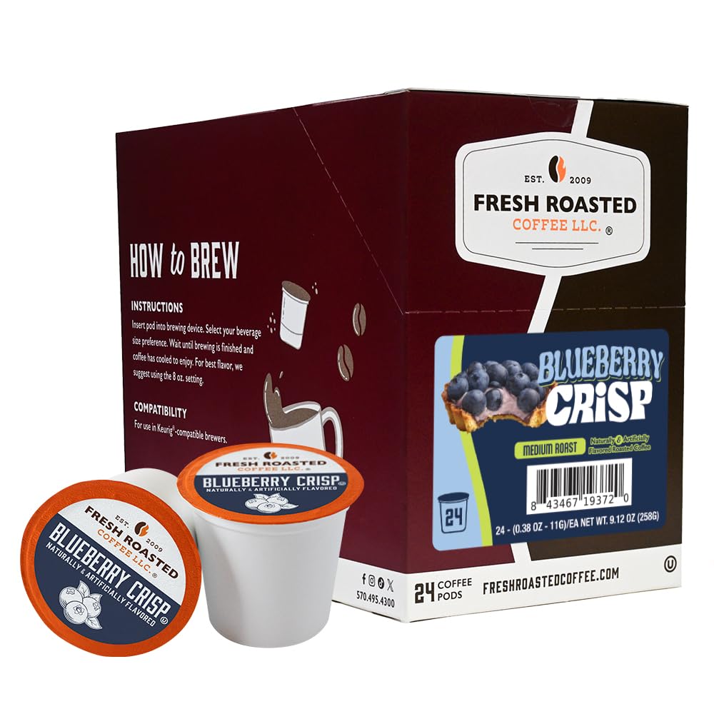 Fresh Roasted Coffee Blueberry Crisp pod pack—quick, fruity morning option.