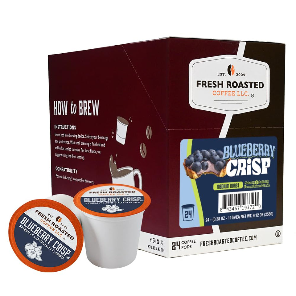 Fresh Roasted Coffee Blueberry Crisp pod pack—quick, fruity morning option.