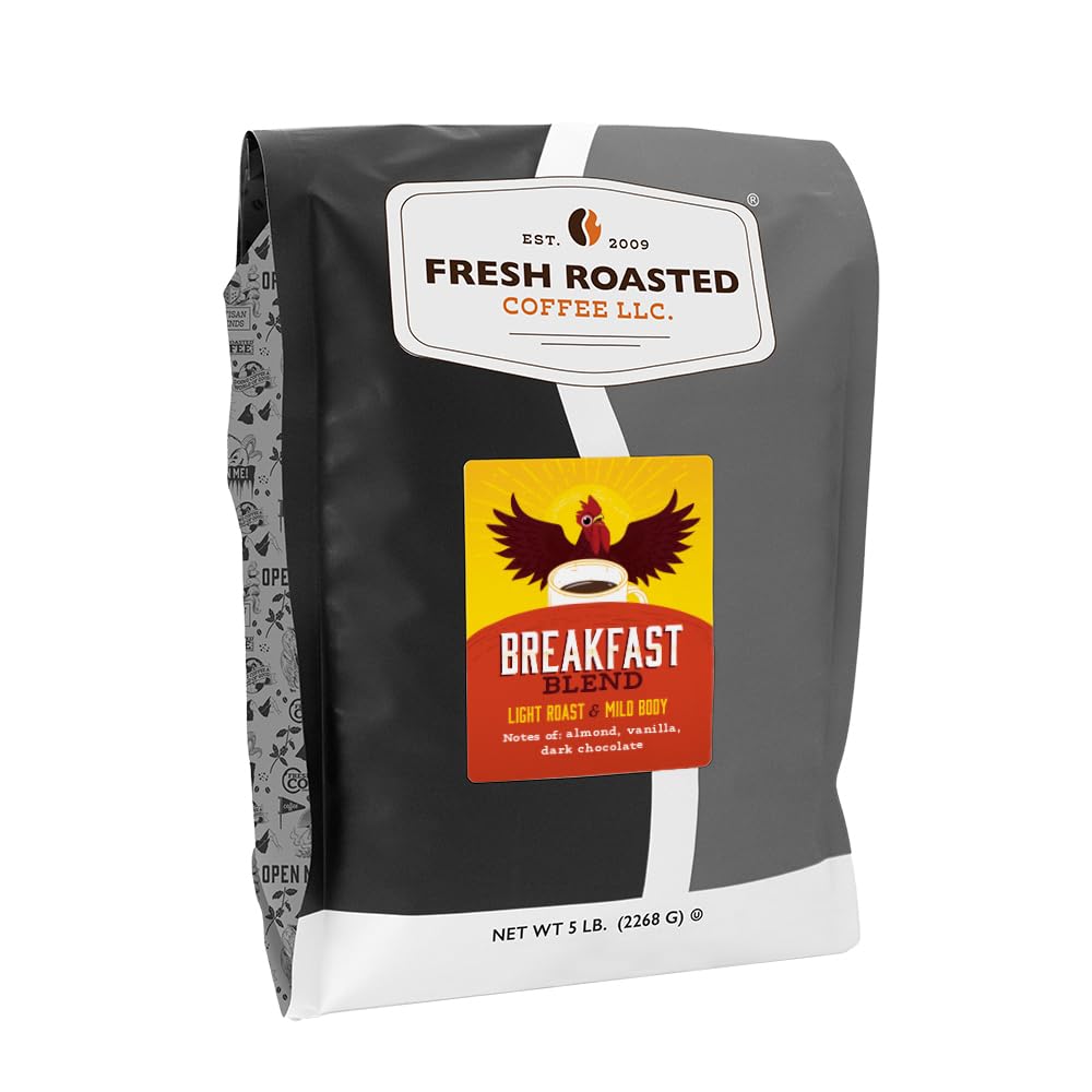 Fresh Roasted Coffee Breakfast Blend bag on counter, ready for morning brew.