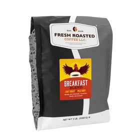 Fresh Roasted Coffee Breakfast Blend bag on counter, ready for morning brew.