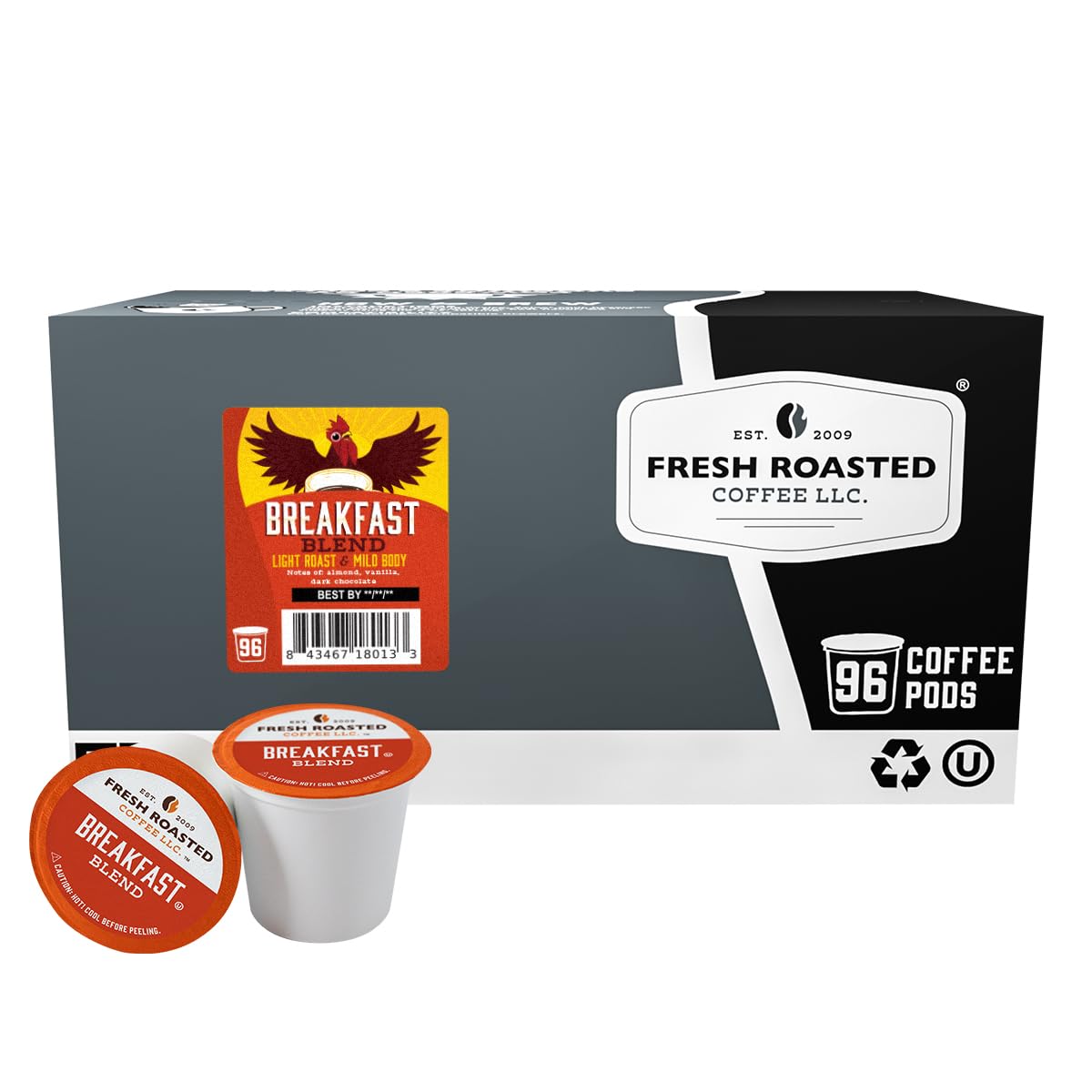 Fresh Roasted Coffee Breakfast Blend pods front view for quick, flavorful mornings.