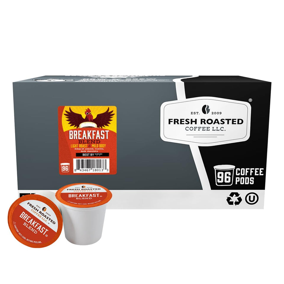 Fresh Roasted Coffee Breakfast Blend pods front view for quick, flavorful mornings.