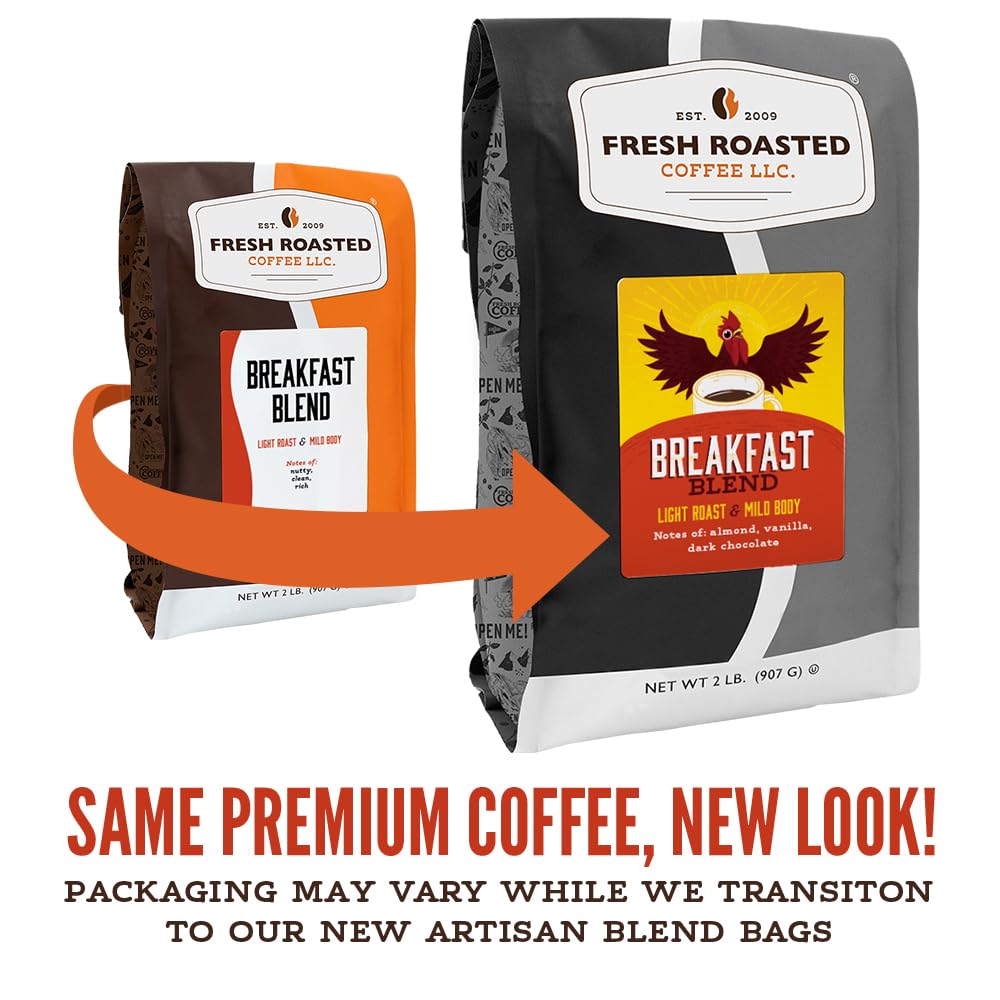 Fresh Roasted Coffee Breakfast Blend whole beans for grinding at home.