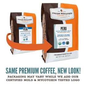 Fresh Roasted Coffee brew ready pour showcasing easy preparation from whole beans.