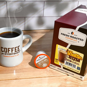 Fresh Roasted Coffee Butter Rum pods highlighting nitrogen-flush freshness.