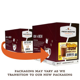Butter Rum pods beside a K-Cup brewer for effortless flavor anytime.