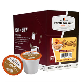 Fresh Roasted Coffee caramel flavored pod pack closeup highlighting inviting caramel notes for mornings