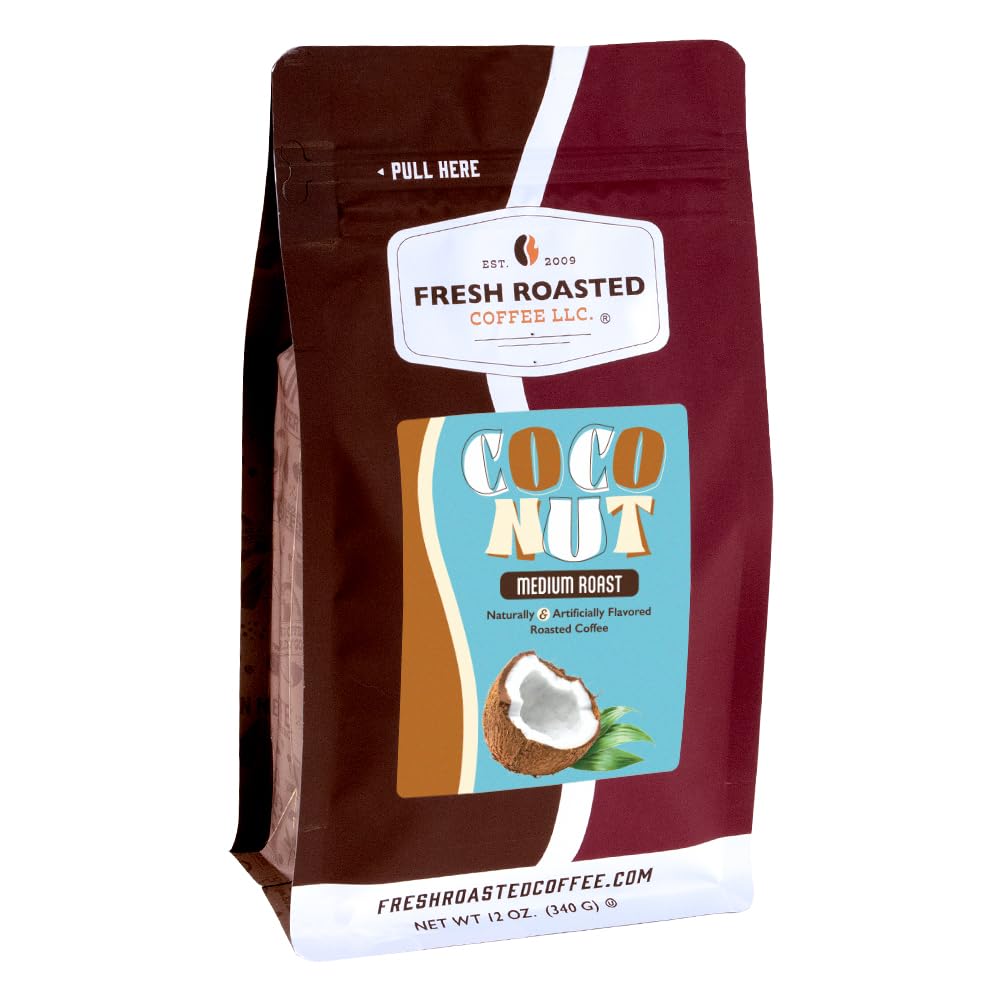 Fresh Roasted Coffee coconut-flavored cup showcases tropical aroma and smooth finish