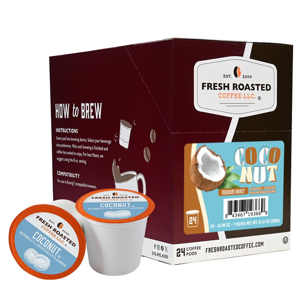 Fresh Roasted Coffee coconut-flavored pods 24-count box for quick tropical mornings.