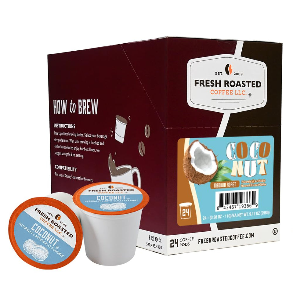 Fresh Roasted Coffee coconut-flavored pods 24-count box for quick tropical mornings.