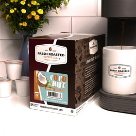 Fresh Roasted Coffee coconut pods nitrogen-flushed to preserve freshness.