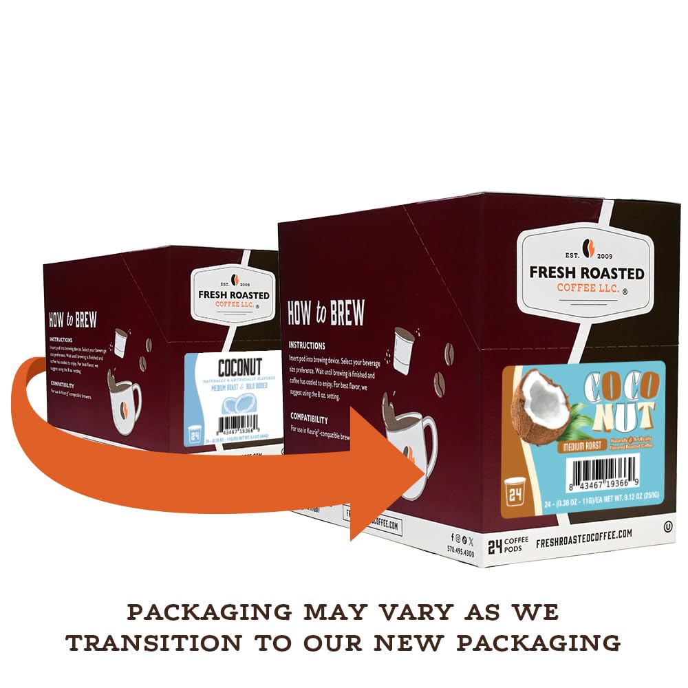 Fresh Roasted Coffee coconut pods packaging box highlights convenient, recyclable design.