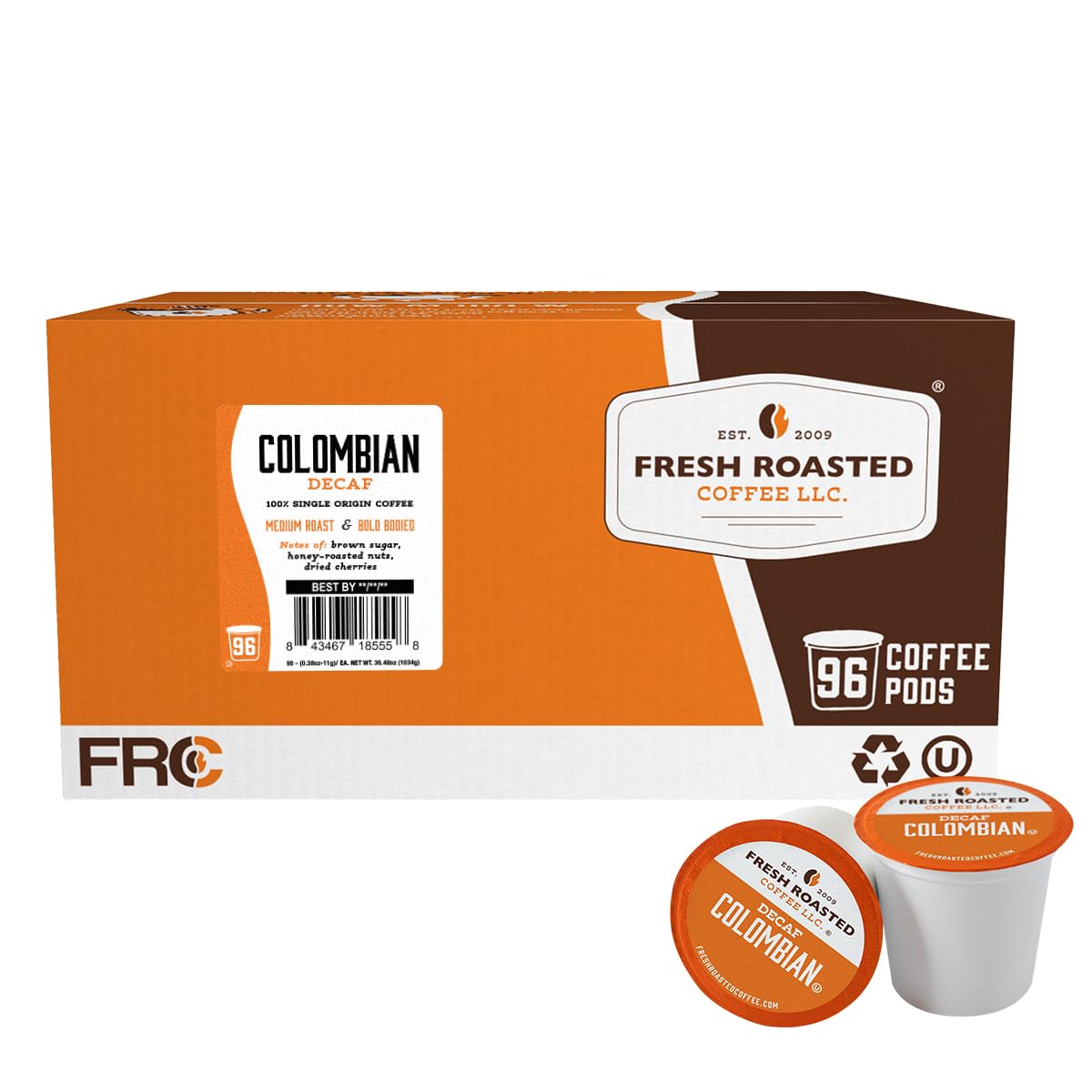Fresh Roasted Coffee Colombian Decaf pods packaging shows eco-friendly materials for sustainable brewing.