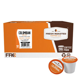 Fresh Roasted Coffee Colombian Decaf pods packaging shows eco-friendly materials for sustainable brewing.