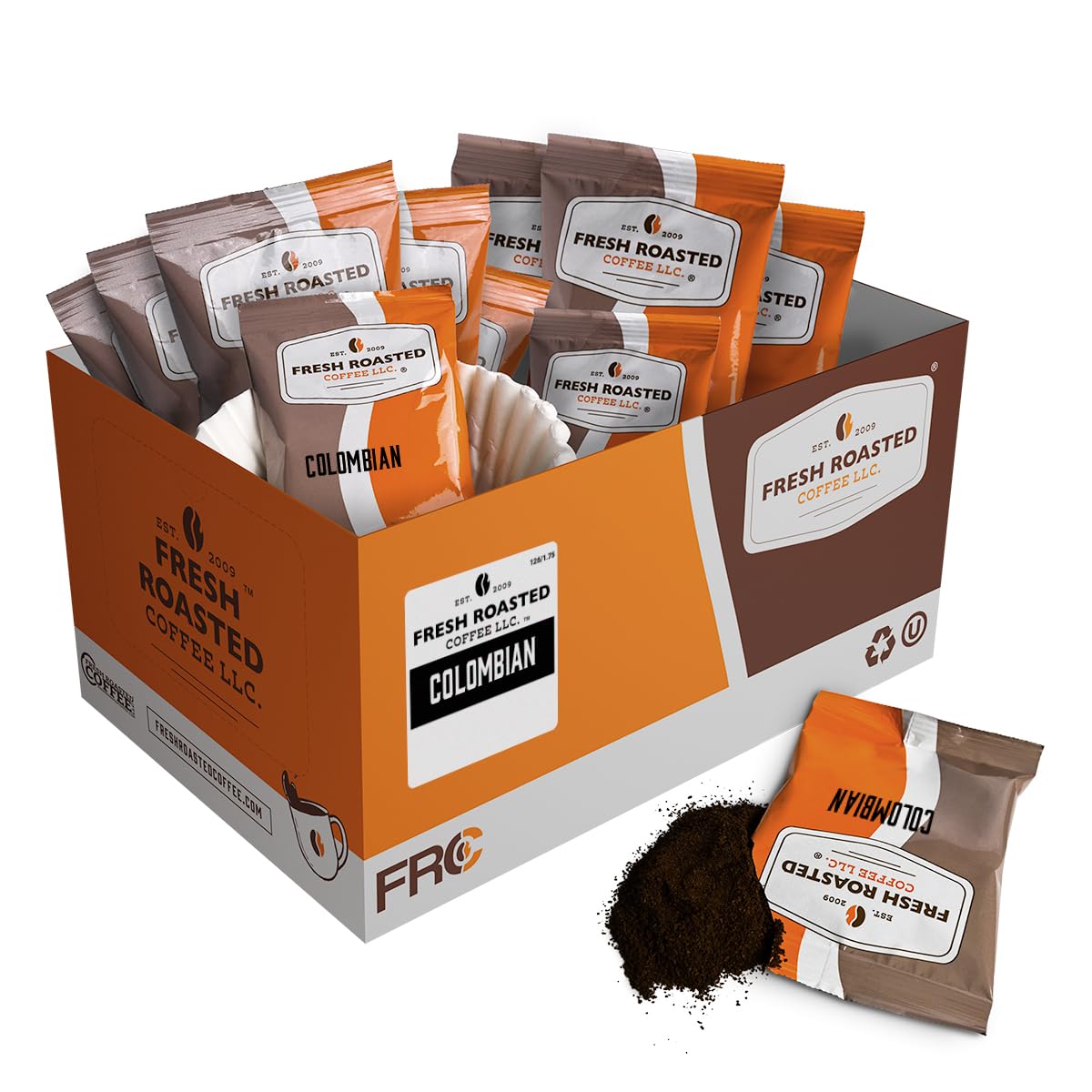 Fresh Roasted Coffee Colombian pre-ground pack front view ideal for quick office brews.