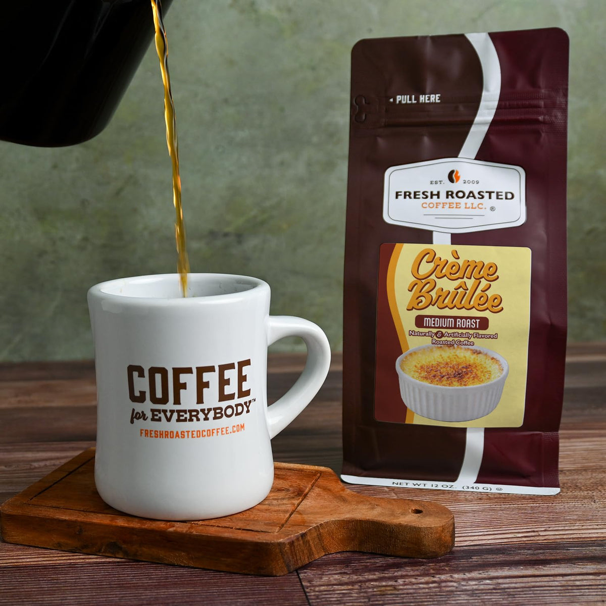 Fresh Roasted Coffee Creme Brulee bean closeup shows 100% Arabica.