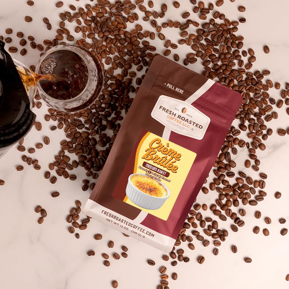 Fresh Roasted Coffee Creme Brulee whole bean cup steaming signals inviting aroma.