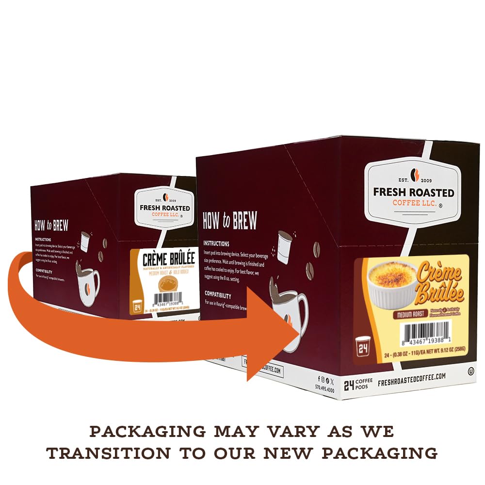 Close-up of Creme Brulee pod label highlighting premium flavor options for K-Cup brewers.