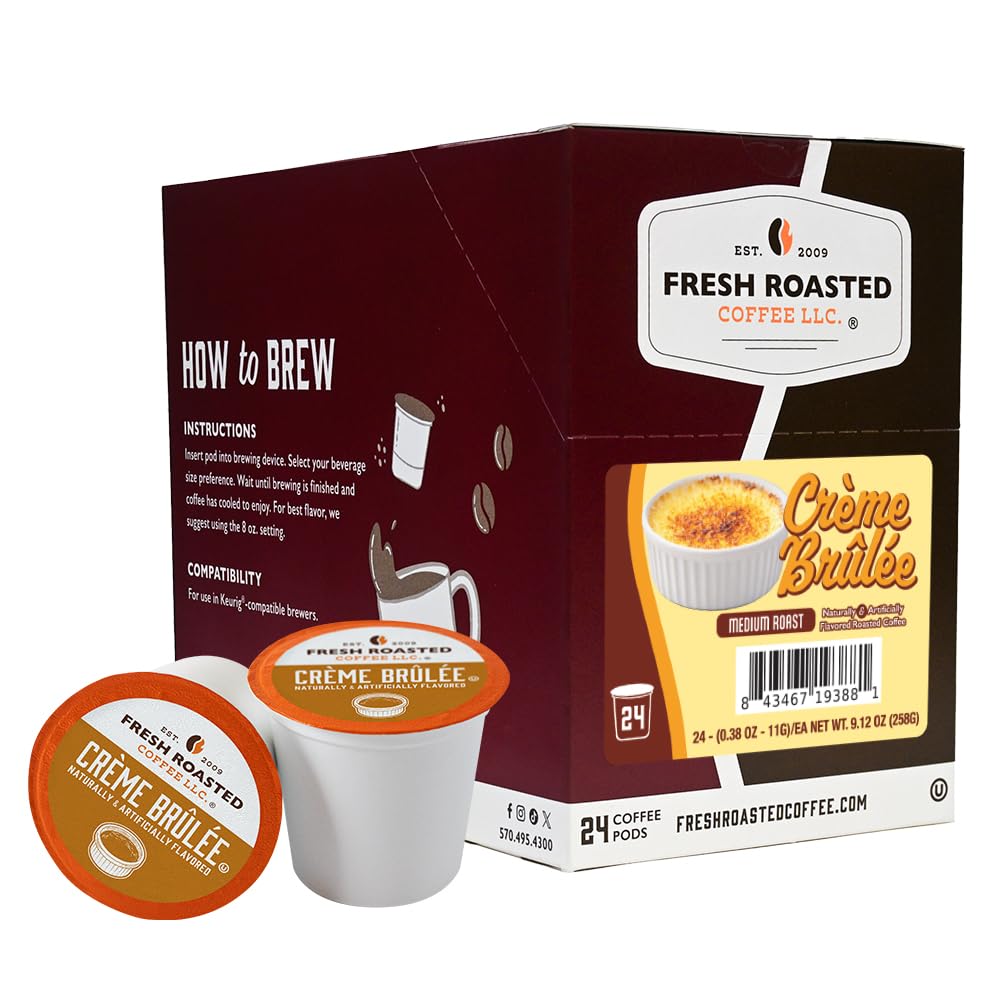Fresh Roasted Coffee Creme Brulee pods in a pack shot for quick, flavorful mornings.