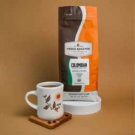 Fresh Roasted Coffee cup with steam signaling ready-to-brew aroma.