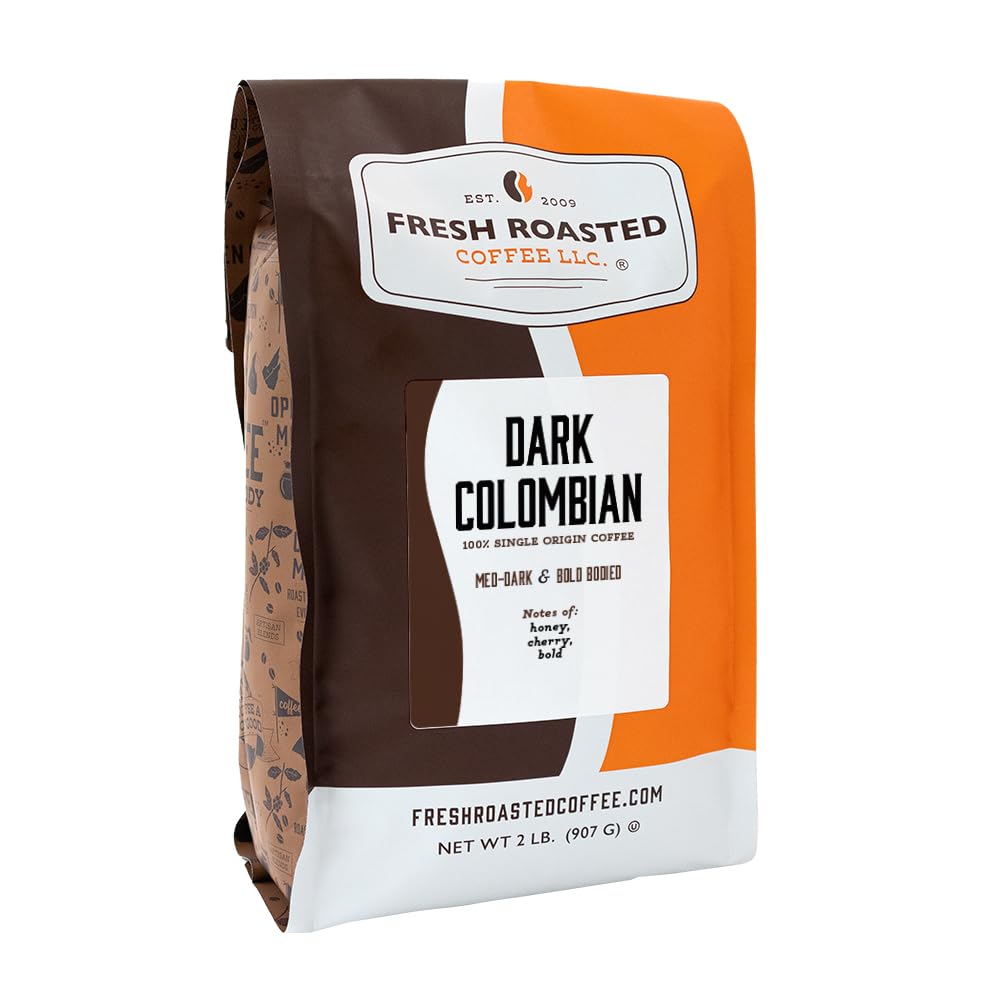 Fresh Roasted Coffee dark Colombian bag highlights bold, premium roast flavor.