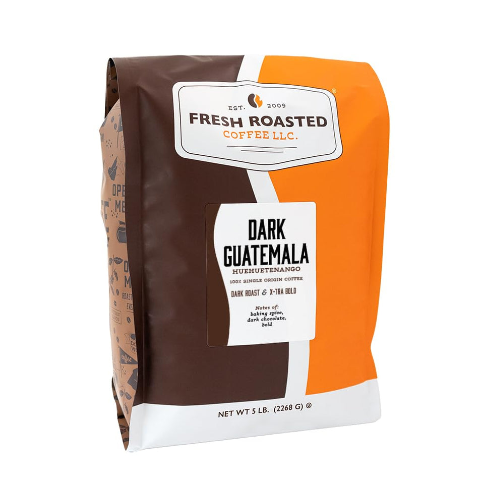 Fresh Roasted Coffee Guatemala Huehuetenango bag front view, bold dark roast and chocolate notes.