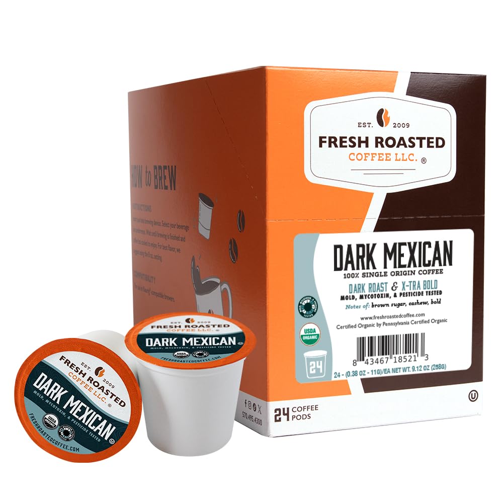 Fresh Roasted Coffee Organic Dark Mexican pod pack front, ideal for fast, flavorful mornings.