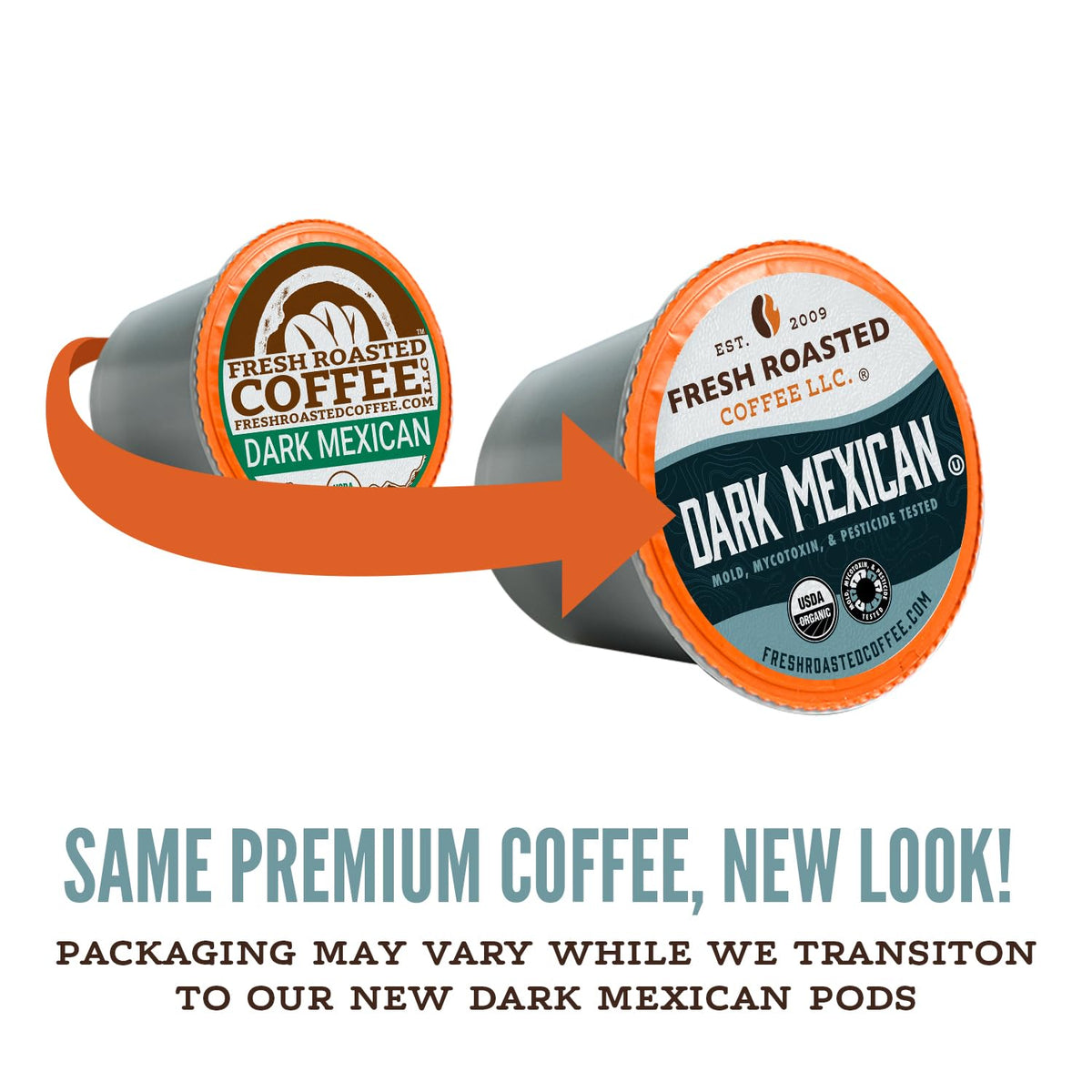 Fresh Roasted Coffee Organic Dark Mexican pod pack top view with clean packaging.