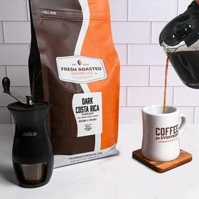 Fresh Roasted Coffee Tarrazu bag with beans, premium whole-bean storage for freshness
