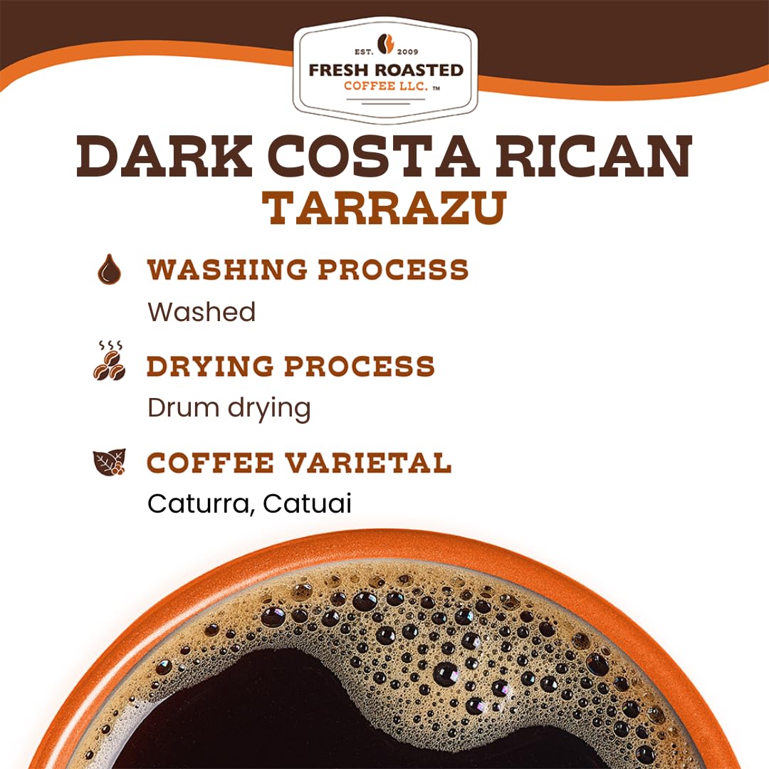 Fresh Roasted Coffee Tarrazu label closeup, reflects kosher certified and ethical sourcing