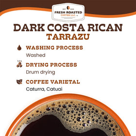 Fresh Roasted Coffee Tarrazu label closeup, reflects kosher certified and ethical sourcing