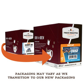 Fresh Roasted Coffee decaf blueberry crisp pack showcases the convenient, flavor-packed pods.