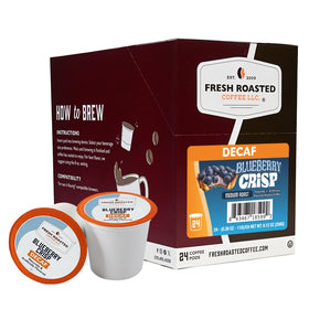 Fresh Roasted Coffee decaf blueberry crisp pod for flavorful caffeine-free enjoyment.