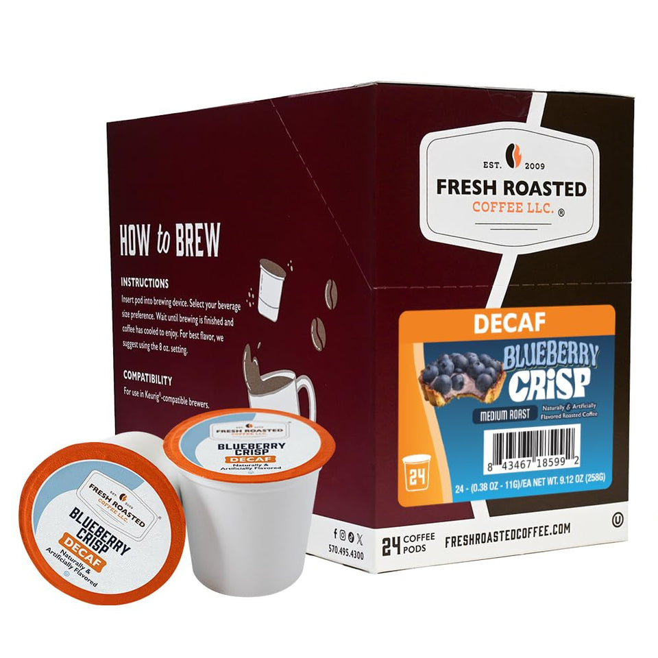 Fresh Roasted Coffee decaf blueberry crisp pod for flavorful caffeine-free enjoyment.