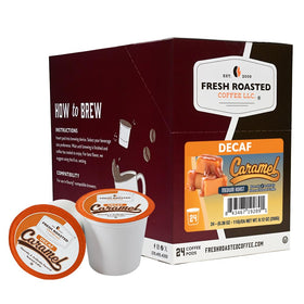 Fresh Roasted Coffee decaf caramel pods pack showcases rich flavor for anytime enjoyment.