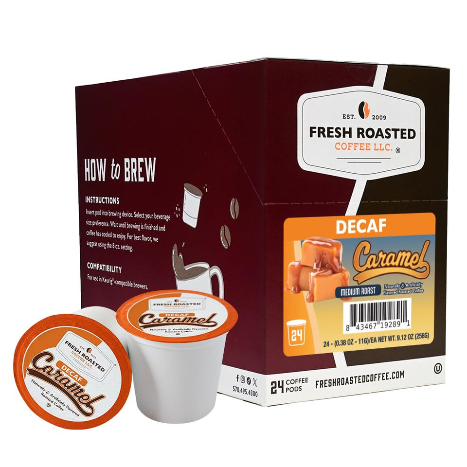 Fresh Roasted Coffee decaf caramel pods pack showcases rich flavor for anytime enjoyment.